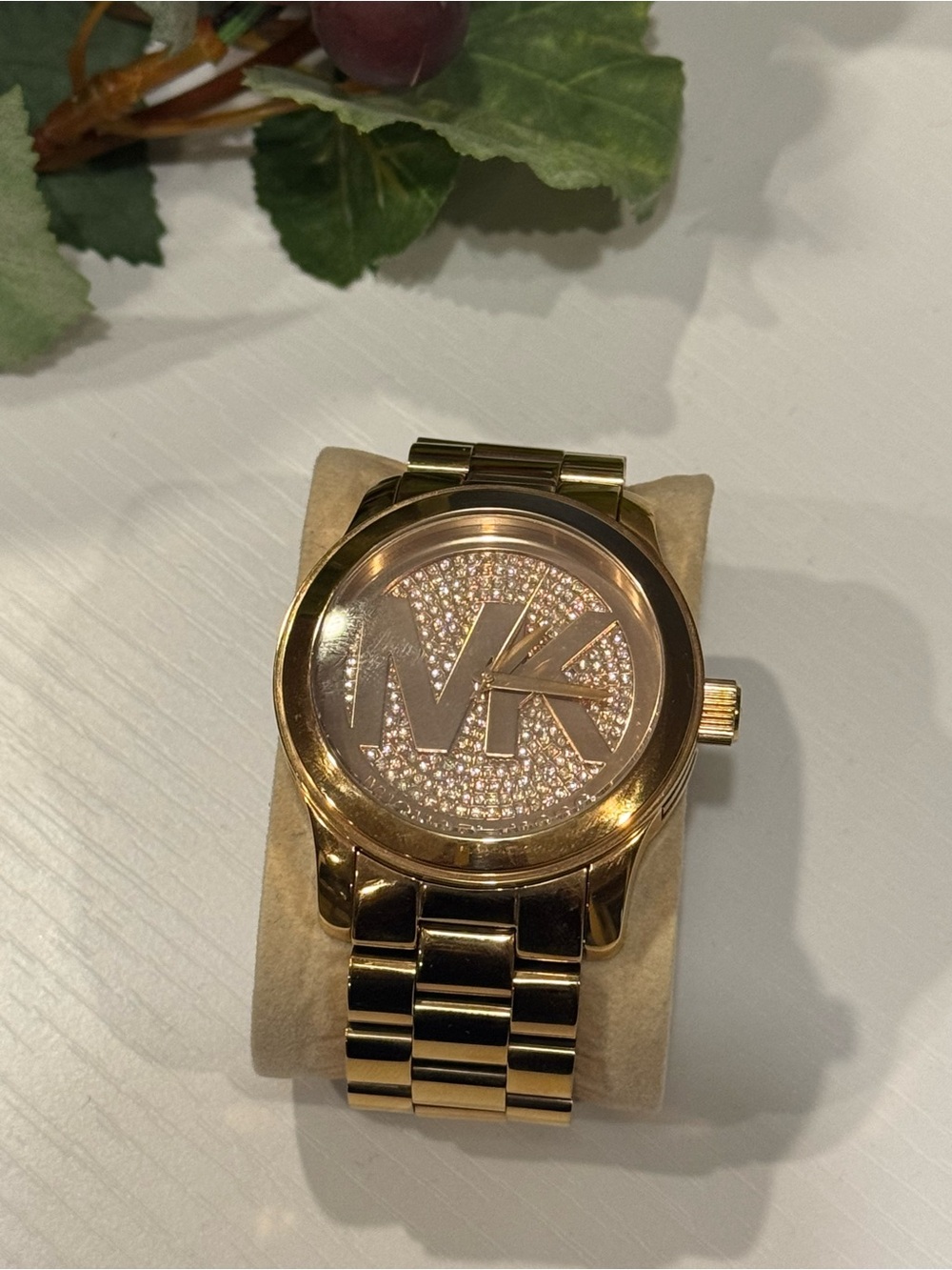 Michael Kors Gold-Tone Pavé MK Logo Bracelet Watch